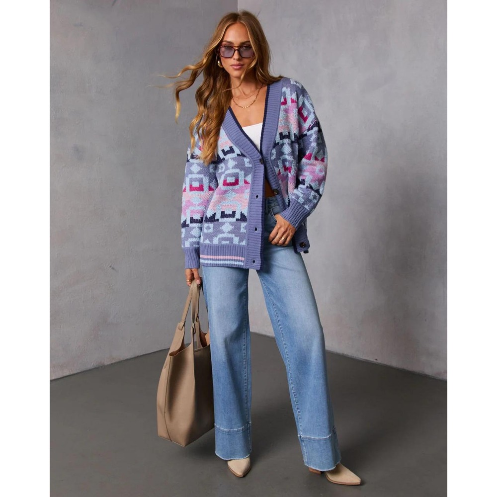 Maristella Intarsia Knit Button Down Cardigan